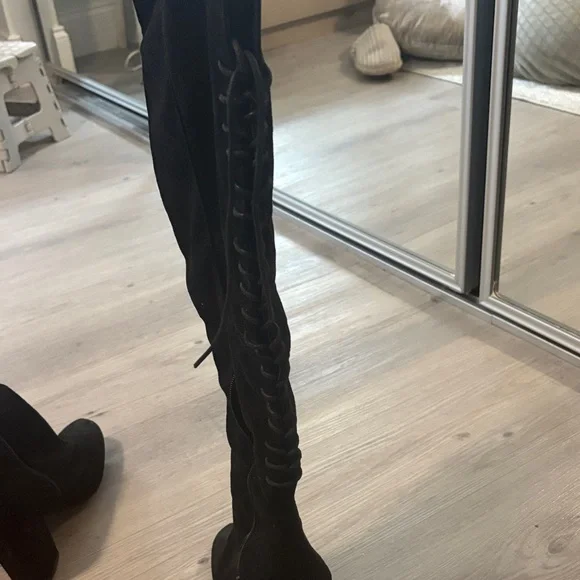 Black Over-the-Knee Lace-Up SuedeWomen's Boots - Picture 2 of 4